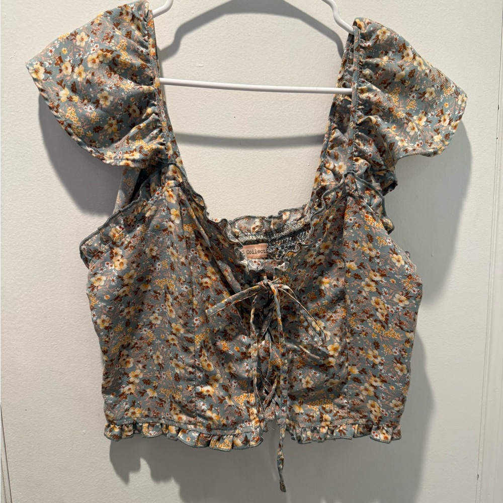 B.O.G. Collective Blue Floral Cap Sleeve Crop Top